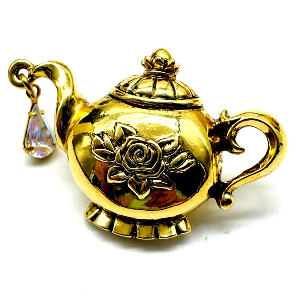 AVON Teapot Pin Aurora Borealis Drop of Tea Gold Tone Floral Embossed Coffee